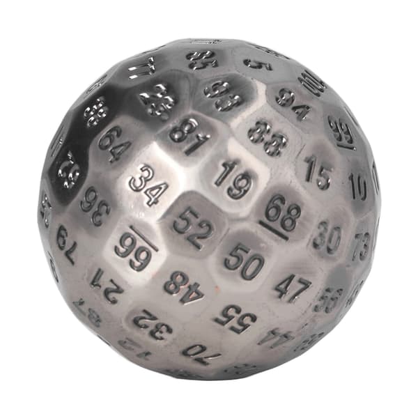 Polyhedral Metalterninger Udsøgte Tunge 100-sidede Rollespilsterninger til Bordspil 2 tommer Diameter Sølv