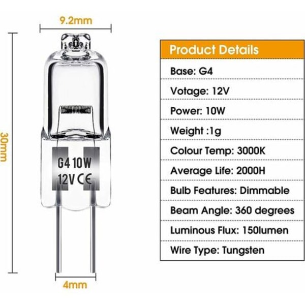 G4 halogenlyspære, 12V 10W G4 lyspære, varmhvit 4000K, 150LM, dimbar, G4 halogenlampe, klar kapsellampe, Pa
