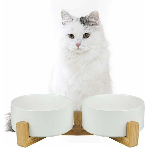 Husdjursskål katt- och hundkeramisk dubbelskål (vit (med träram typ dubbelskål) medium),
