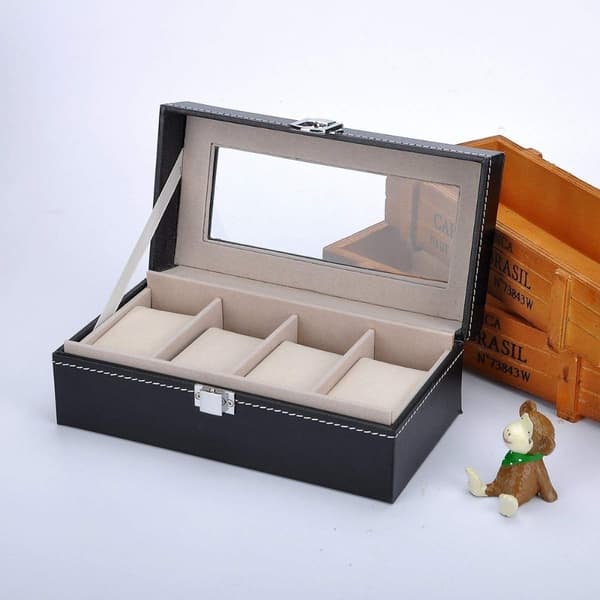 Watchbox Urkasse til 4 ure sort med hvid syning og vindue