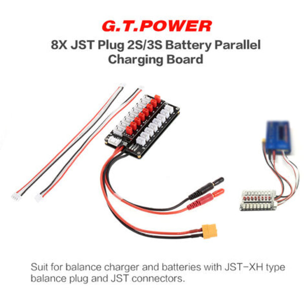 GTPOWER 8X JST Plug 2S/3S Lipo-akun rinnakkaislatauskortti tasapainolaturin mallille: musta