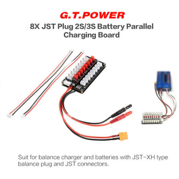 GTPOWER 8X JST-stik 2S/3S Lipo Batteri Parallel Ladekort til Balance Charger Model: Sort