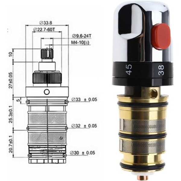 termostatisk erstatningspatron til badekar- og brusearmatur i forkromet massiv messing
