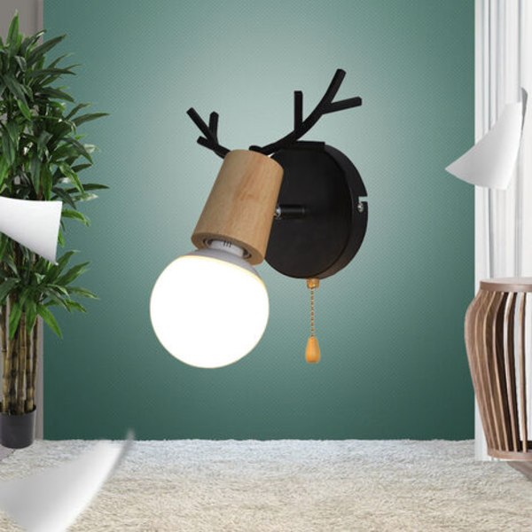 Nordisk Moderne Design Hjortegevir Form Trevegglampe med trekkkjedebryter Leserom Soverom Vegglampe E27,
