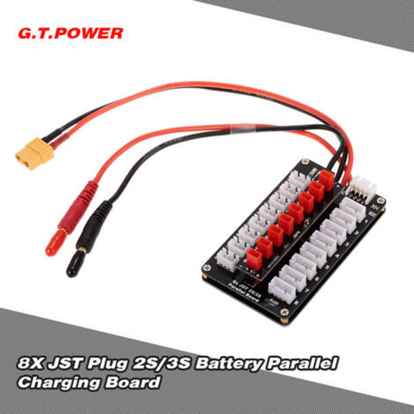 GTPOWER 8X JST Plug 2S/3S Lipo-akun rinnakkaislatauskortti tasapainolaturin mallille: musta