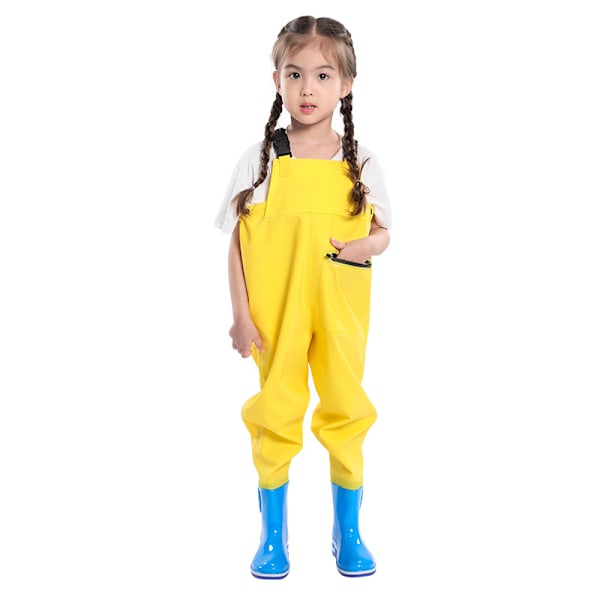 Children's wading pants pvc leather pants one-piece full body fishing clothes sea-catching waterproof clothes children's water wading clothes Yellow 32/33