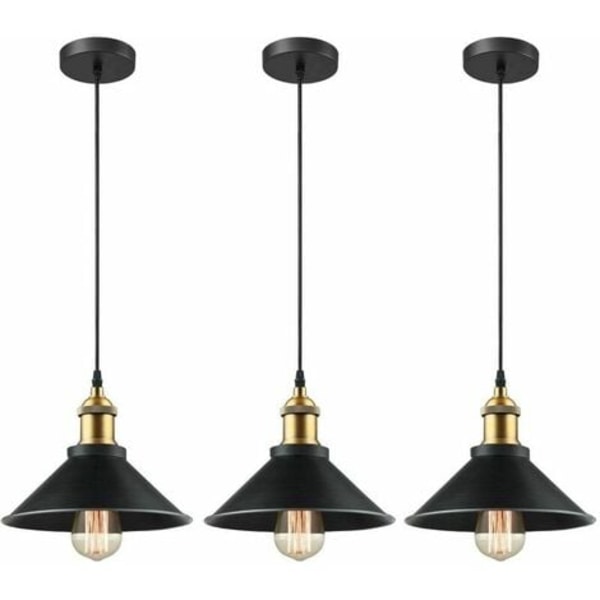 3x retro pendellampe industridesign Edison taklampe E27 metall lysekrone pendel, Ø 22cm, svart