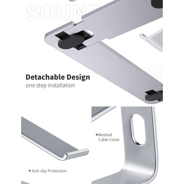 Bærbar computerstativ, aluminiumscomputerforhøjer, ergonomisk laptopstativ, metalstativ, passer til 10-15,6 tommer bærbare computere (sølv)