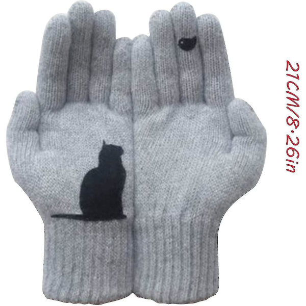 Naisten lämpimät neulotut käsineet, kissat näkevät lintuja print Talvi ulkokäyttöön thermal Khaki