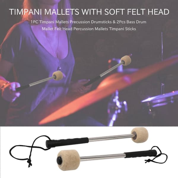 2 stk Trommestikker med Filthode Percussion Mallets Timpani Sticks med Rustfritt Stål Håndtak, Hvit[ht]
