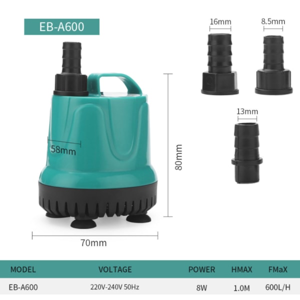 Nedsenkbar pumpe, stille bunnfilterpumpe, rentvannspumpe (EB-A600 8w, europeisk standard),