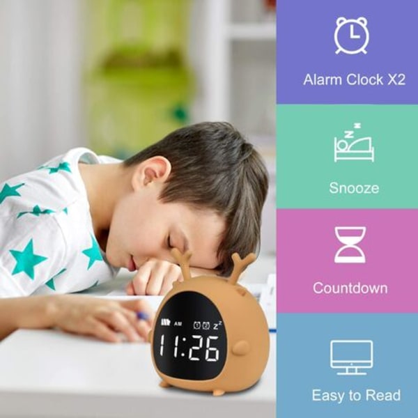 ZKIAH Søt digital vekkerklokke for barn med nedtelling Snooze 2 alarmer Display Stemmekontroll oppladbar klokke
