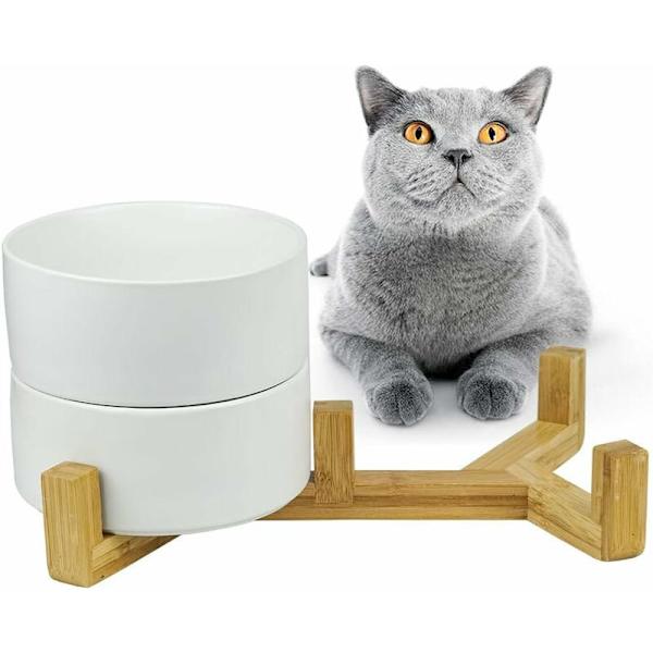 Pet skål kat og hund keramik dobbelt skål (hvid (med træramme type dobbelt skål) medium),