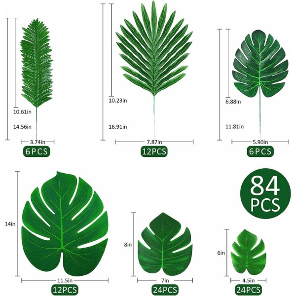 84 stk skilpaddeblad 24 stk små + 24 stk medium + 12 stk store + 24 stk solsikkeblader kunstig palmeblad,