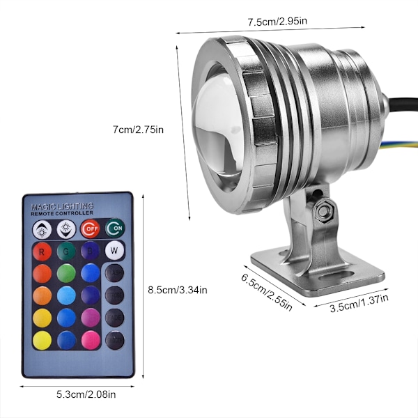 12V 5W RGB vedenkestävä LED-valokeila akvaarioille, uima-altaille ja puutarhoille - vedenalainen hopeapinta