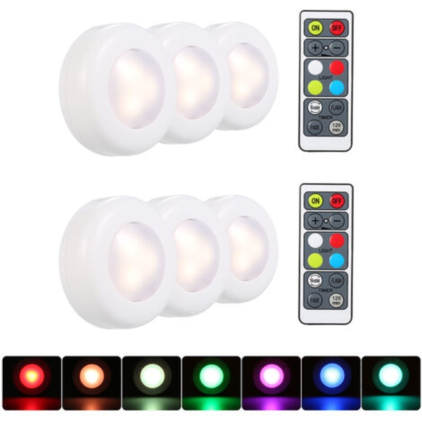 Pyöreä RGB-LED-kaappivalo paristokäyttöisellä ajastinhimmennin-kaukosäätimellä, 6- set - 6-osainen set