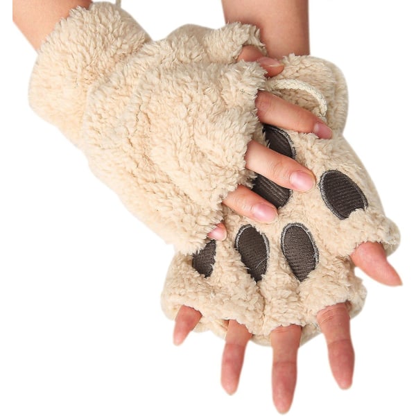 Kvinnor Bear Plysch Cat Paw Claw Glove Mjuka vinterhandskar Fingerlösa handskar (beige)