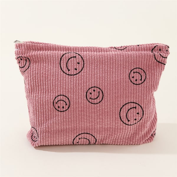 Smiley Face Corduroy kosmetiske vesker for kvinner Reise sminke Organizer Pink