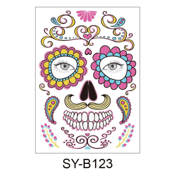 Vattentät Day of the Dead Maskerad Makeup Rolig tillfällig klistermärke Halloween Face Tattoo Sticker (SY-B123*5+SY-B124*5),