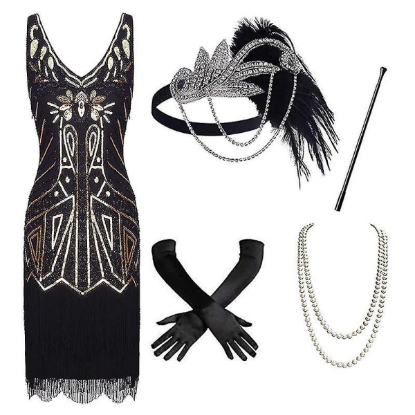 1920'erne Vintage Kvinder Kjole Paillet Beaded Tassels Festkjole L Black