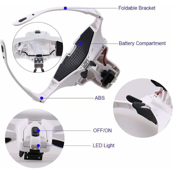 Headset Fem multiplikator Dobbelt LED-forstørrelsesglas Håndfrit forstørrelsesapparat Headset til syning, læsning, reparation, smykker, W