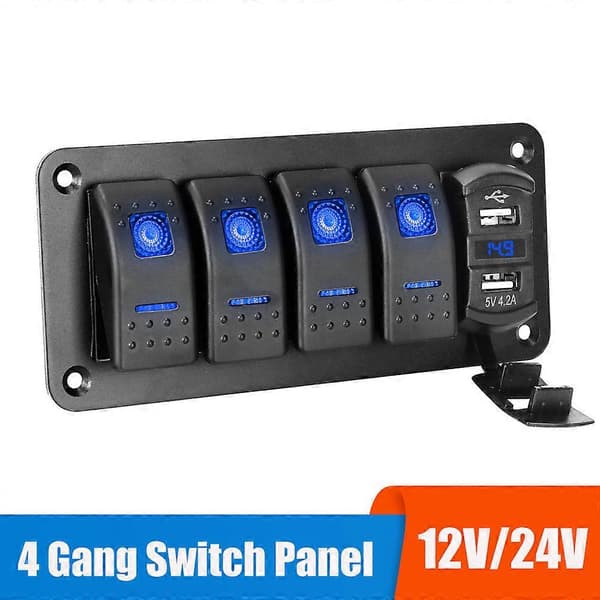 24V 12V bryterpanel 4 knapper lysbryter USB-ladere 3.0 adapter voltmeter tester tilbehør for bil marine båt campingvogn bobil Green