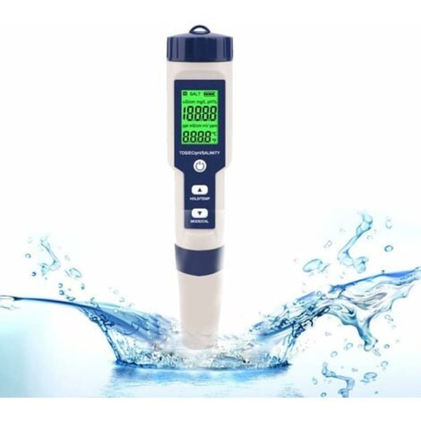 Elektronisk PH Meter Tester, 5 i 1 PH Tester lommetermometer Vannkvalitet PH EC Salt TDS for hjem, basseng, akvarium Wa