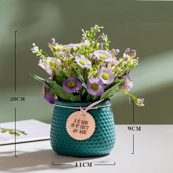Simulerede grønne planter hjem indendørs Nordisk stil lille tusindfryd simulation blomst keramisk potteplante (lilla blomst blå potte)