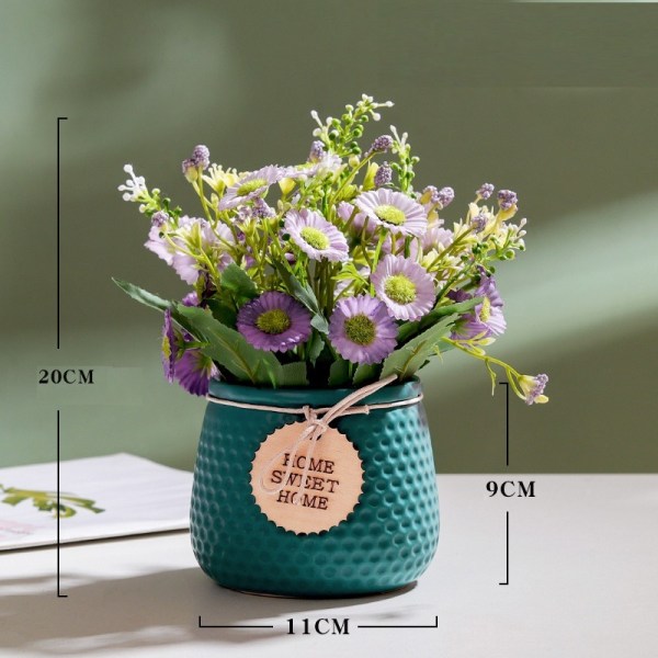 Simulerte grønne planter hjemme innendørs Nordisk stil liten tusenfryd simulering blomst keramisk potteplante (lilla blomst blå potte)