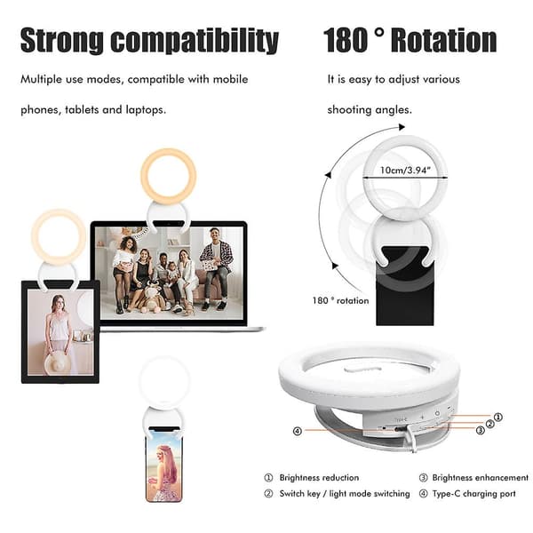 USB oppladbar selfie-ringlys med 3 moduser og 180° rotasjon for perfekte bilder