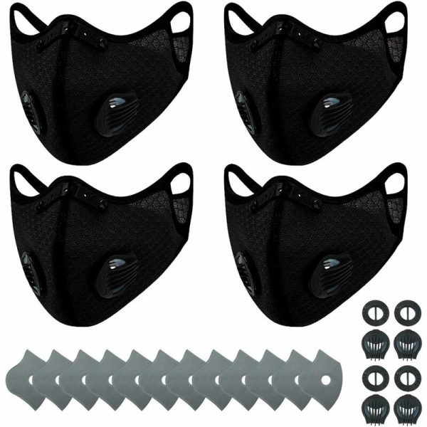 Svart 4PC+12st utbytesfjärilsfilterpatron Cykelmask utomhus Dammtät aktivt kolmask