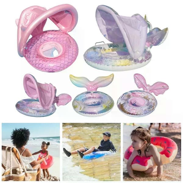 Baby Sjöjungfru Simring Simringar Flytleksaker med Solskyddstak Simflottör Uppblåsbara Poolflottar för Pool Strand[ht] Purple 1