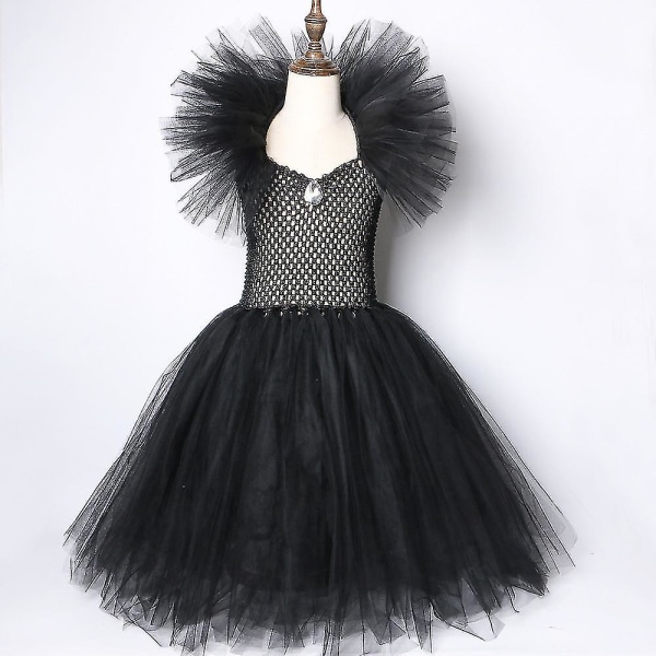 halloween barn flicka svart klänning klänning djävul cosplay Dress horn wings 10-12 Years