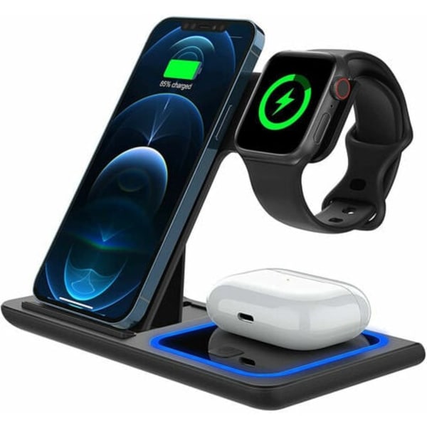 i 1 trådløs lader, Qi-sertifisert magnetisk trådløs hurtigladingsdokk kompatibel med iPhone, Apple Watch, Airpod Pro