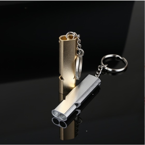 Dubbelrör Utomhus Survival Whistle Utomhusutrustning Guldfärg + Stål 2 Styck