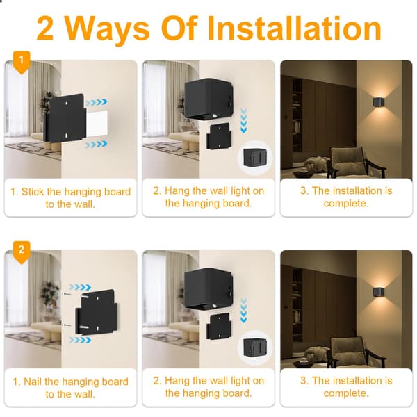 Indoor Wall Lamp, 2-Pack, Wall Lamp with Motion Sensor, Rechargeable LED, 3000K Warm White Light, Wireless, Adjustable Light Angle (Black)