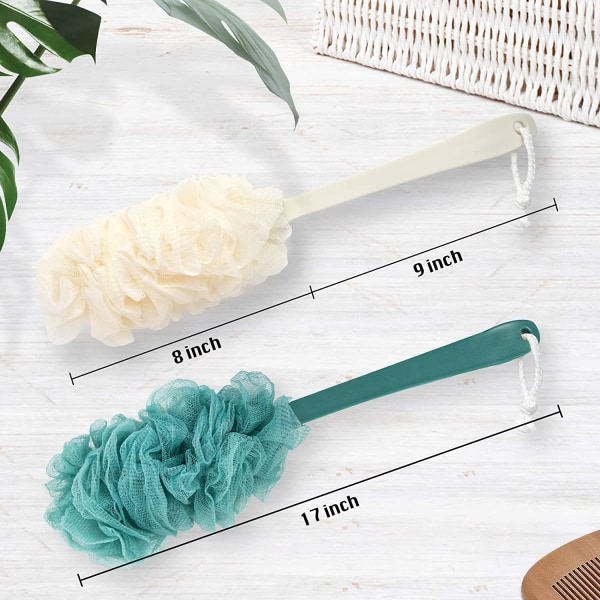 2-paks ryggskrubber for dusj, PIPUHA Luffa-svamp dusjbørste for kroppspeeling, Langt håndtak, Luffa-pinne, For