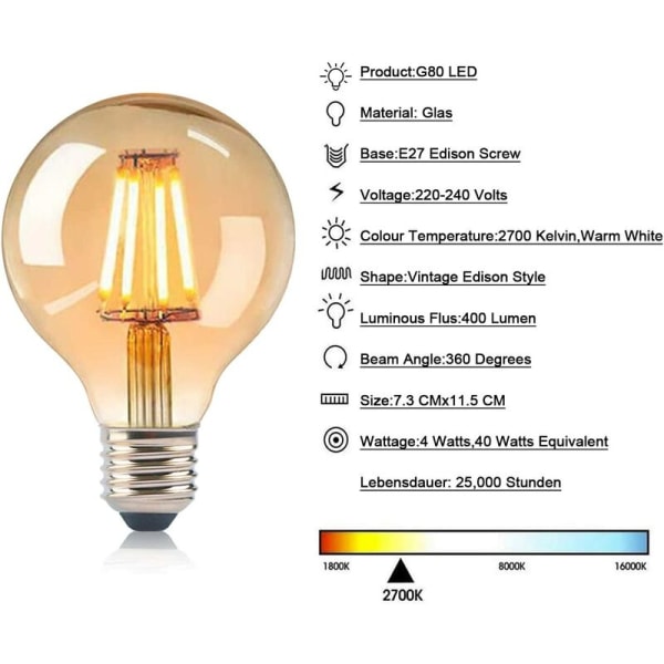 E27 Vintage Edison Glödlampa, Edison LED Glödlampor E27 G80 4W Lampa, Retro Filament Edison Glödlampa, Vintage Antik Dekorativ L