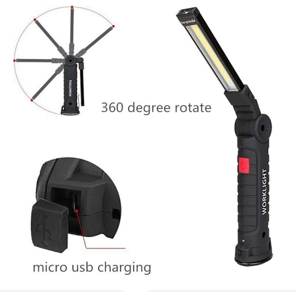 LED-arbejdslys, genopladelige COB-arbejdslygter med magnetisk base, 360 graders rotation og 5-tilstands lommelygteinspektion La