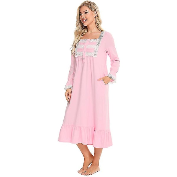 Victorian Nightgown puuvillainen Sleepshirt pitkähihainen L Pink