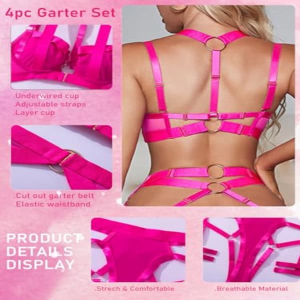 Undertøyssett for dame, 4-delt sexy sett med stropper, strømpeholder og lårstropp for romantiske netter (rosa) Pink