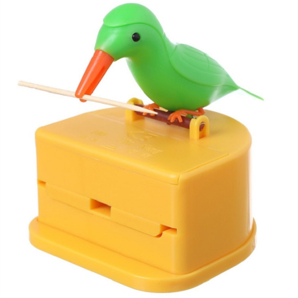 Grön fågel gul botten automatisk pop-up fågel tandpetare burk smart fågel peck tandpetare box typ tryck smart tandpetare burk