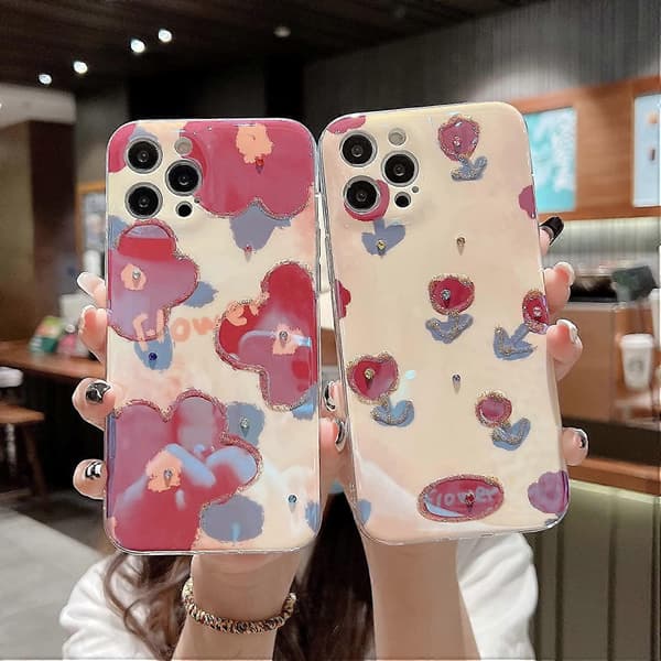 Diamantblomst Blomstret Glitter Bling Glitrende Klart Mykt iPhone-deksel (Hvit, iPhone 13)