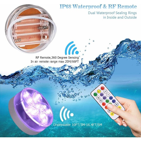 Vandtætte flerfarvede LED-lys med 1 fjernbetjening til swimmingpooldam Akvariebadekar 9*4,5 cm 2 stk.