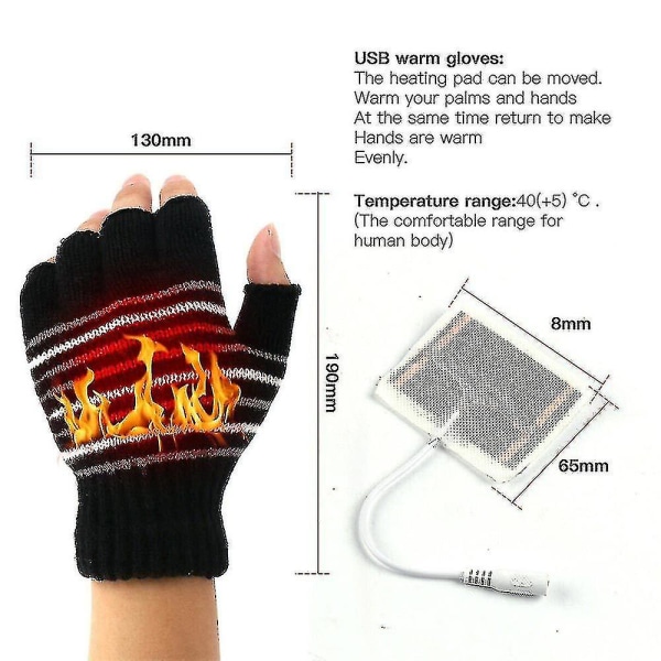 Usb oppvarmede hansker vinter utendørs arbeid Termisk håndvarmer hansker hel og halvfinger Striped