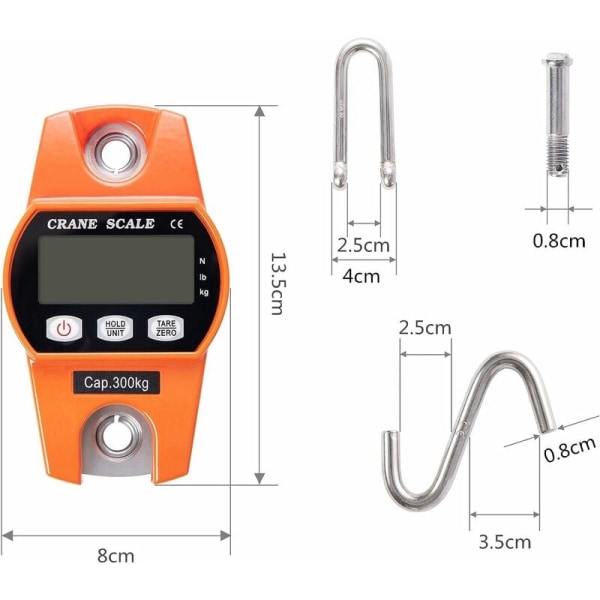 660lb digital hængevægt med støbt aluminiumshus, 300 kg mini bærbar kranvægt med krog til gårdjagt, udendørs fiskeri (orange)