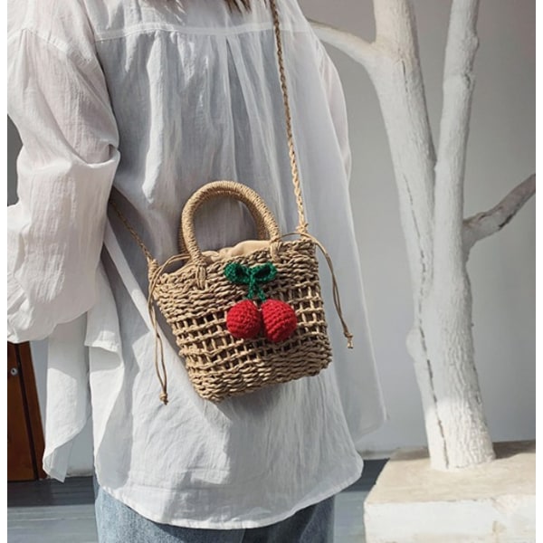 Kirsebær firkantet taske hul hånd messenger fritid græs vævet taske strandtaske til kvinder (kaffe kirsebær)