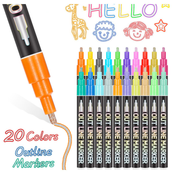 Dream double line kynä 20 väriä set käsin tililappu korostusmerkki (20 värin set (pyöreä pää)),