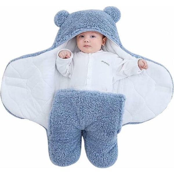 Unisex baby-svøbtæppe, børnepasnings-græstaske, svøbe-sovepose med hætte Nyfødt-Blå-S(0-3 måneder)