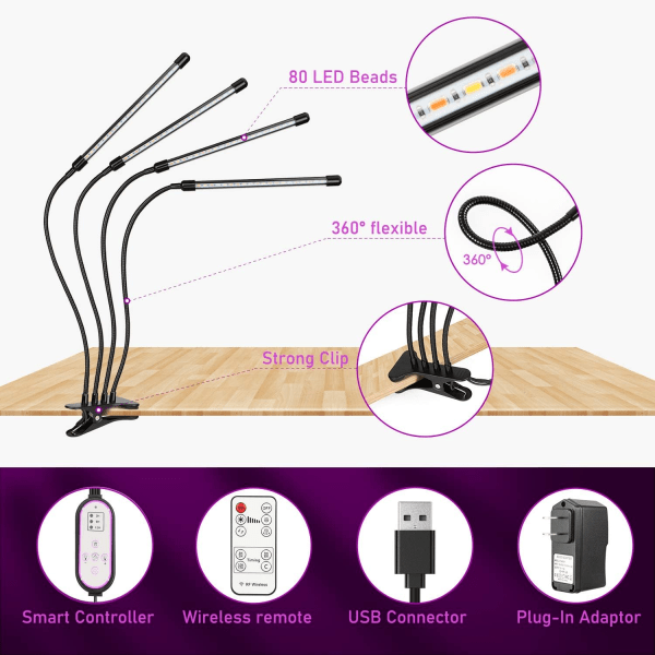 Växtljus, 360 graders trädgårdsbelysning, 4H/8H/12H Auto Timing Full Spectrum Grow Light (Fjärrkontroll för Plant Grow Light, Button 4 Lights-80LED-40W)